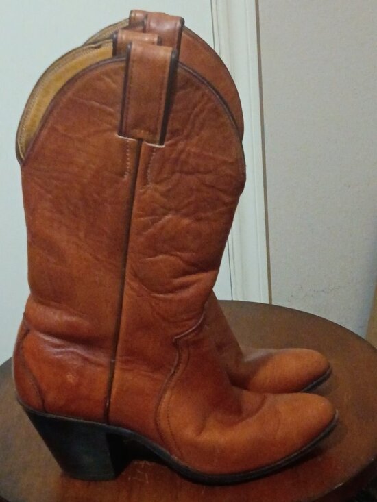 Justin Boots Shoes - Vintage Justin Western Style L4417 Womens Sz 5B Cowboy Boots Brown Stacked Heel